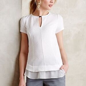 Anthropologie Deletta White Short Sleeve Blouse w/ Chiffon Hem NEW! Sz. S